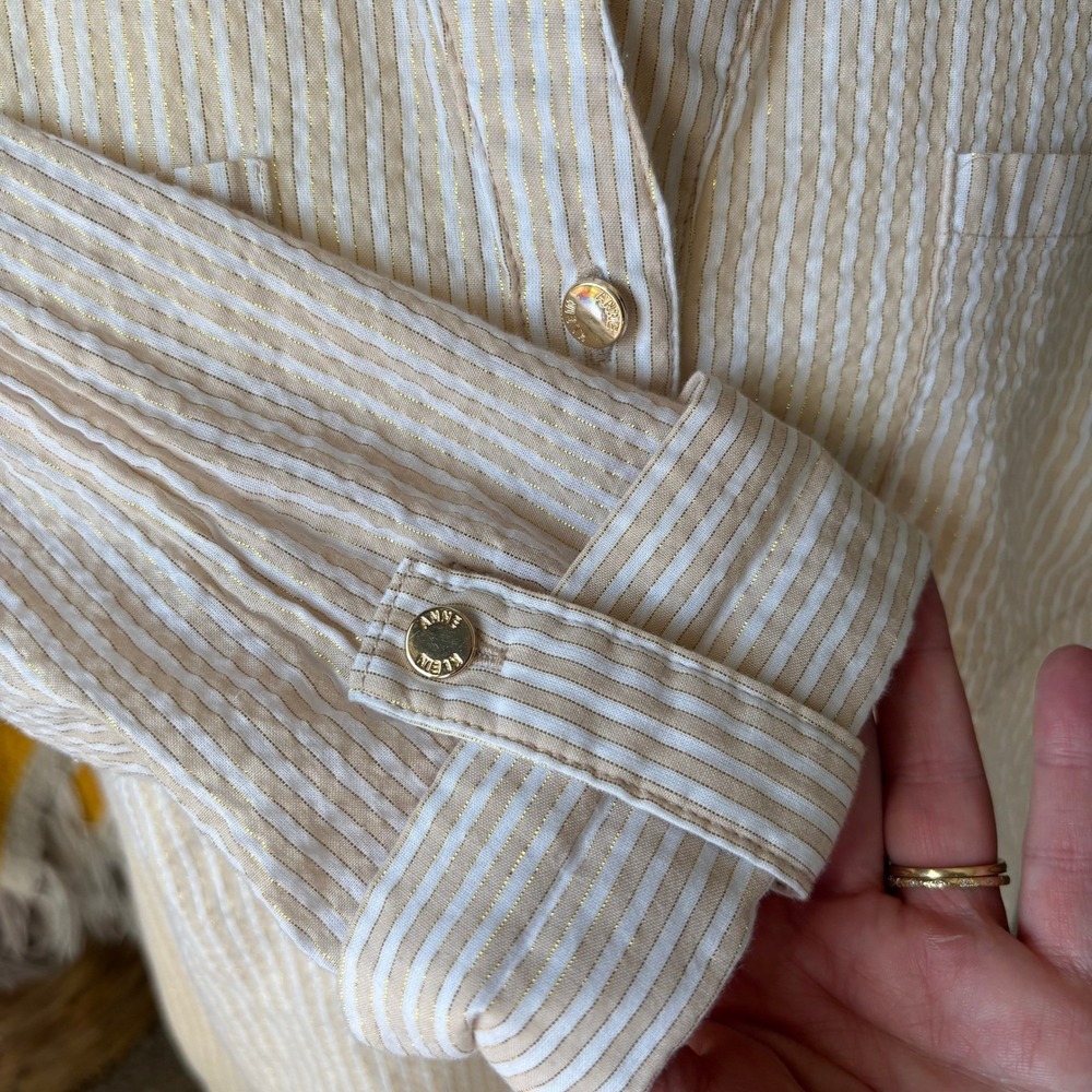 Anne Klein White Gold Stripe Textured Button Front Popover Blouse - Medium - Picture 5 of 7